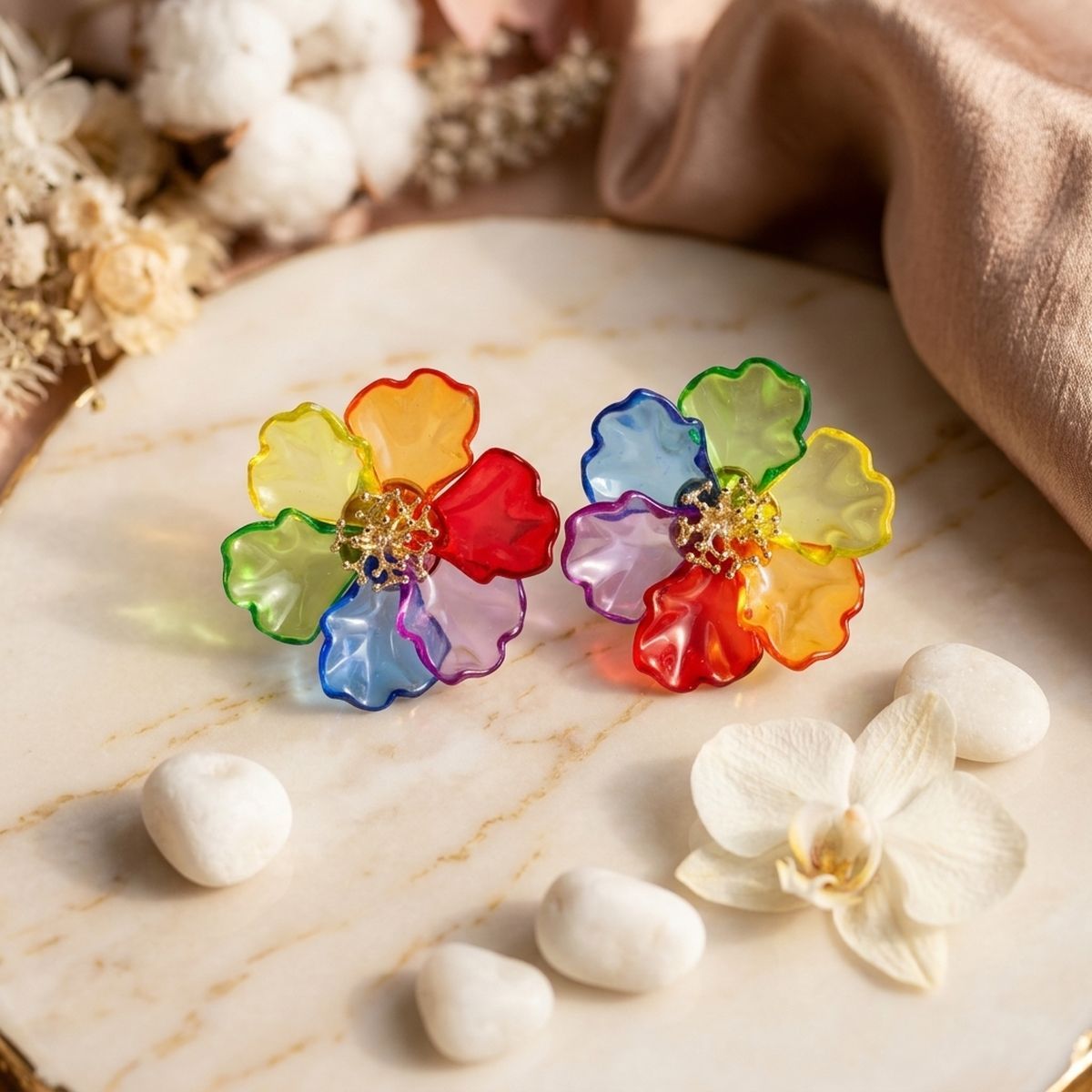 Oversized Rainbow Translucent Flower Stud Earrings