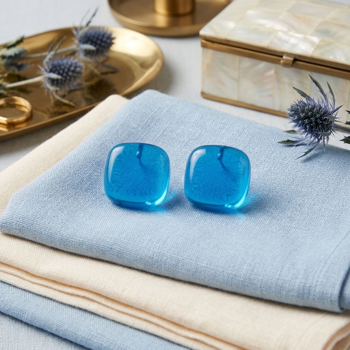 Chunky Blue Translucent Square Stud Earrings
