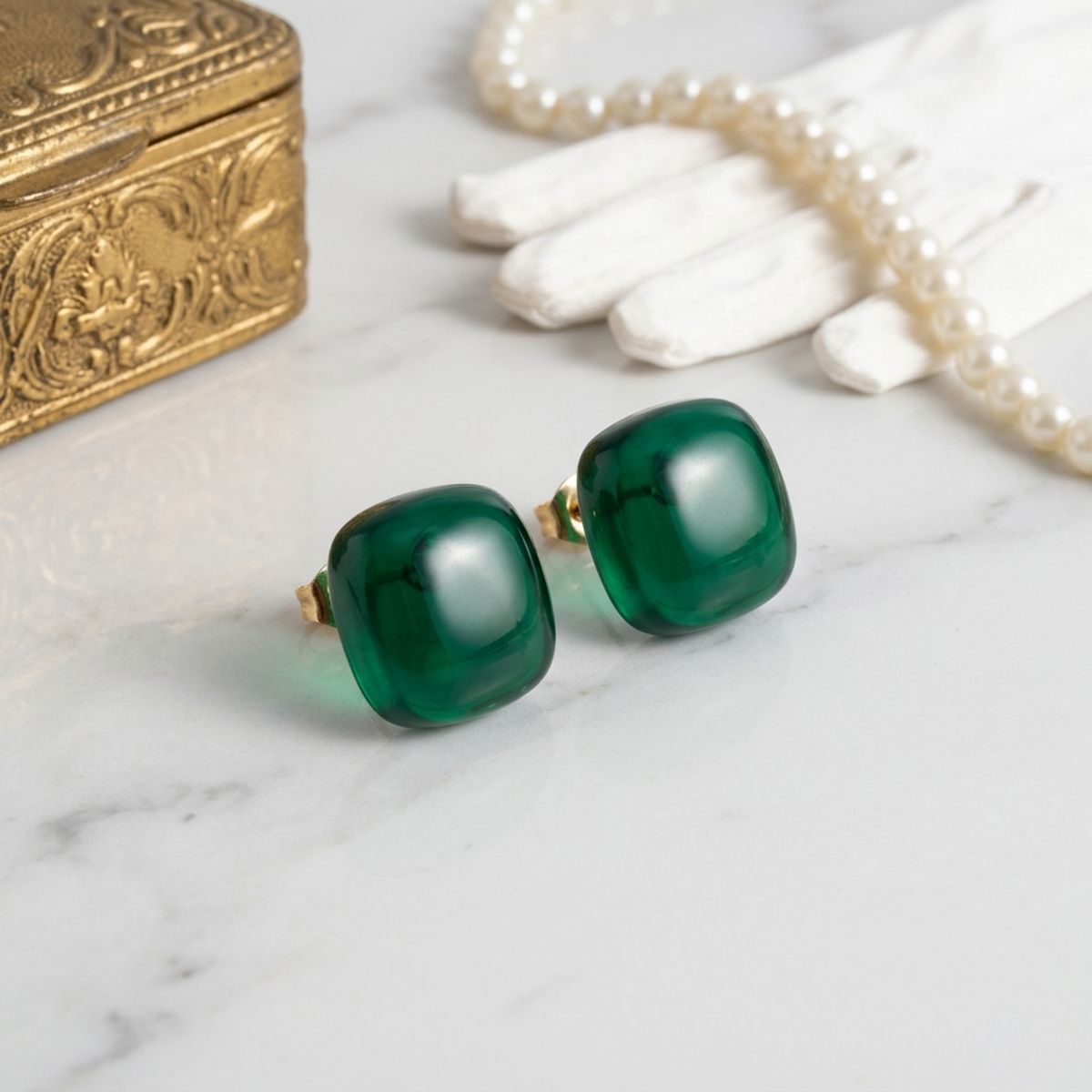 Chunky Green Translucent Square Stud Earrings