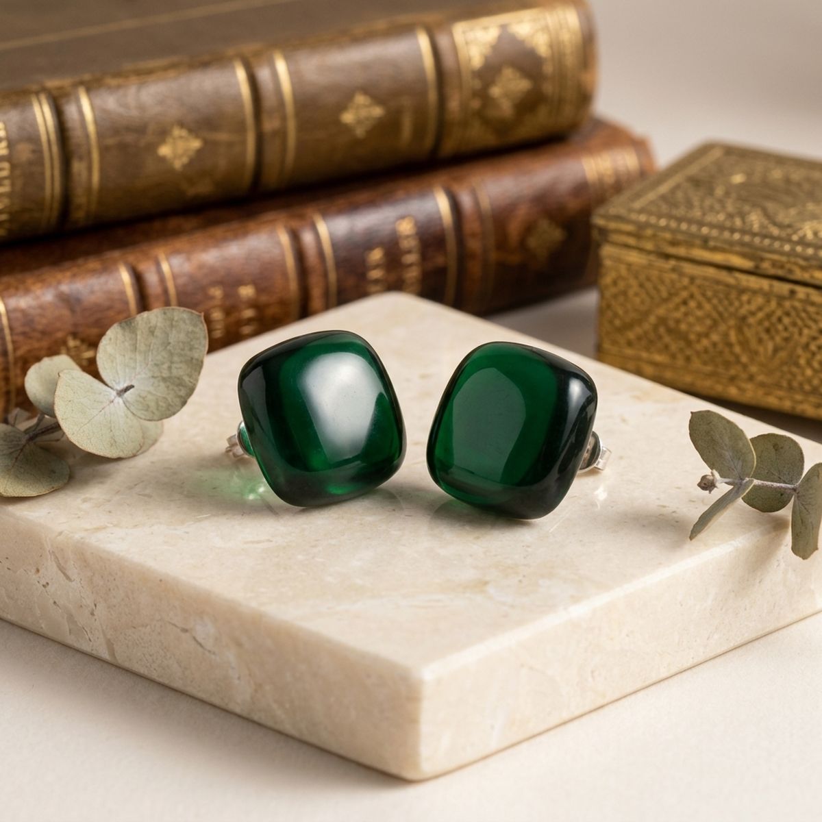 Chunky Green Translucent Square Stud Earrings
