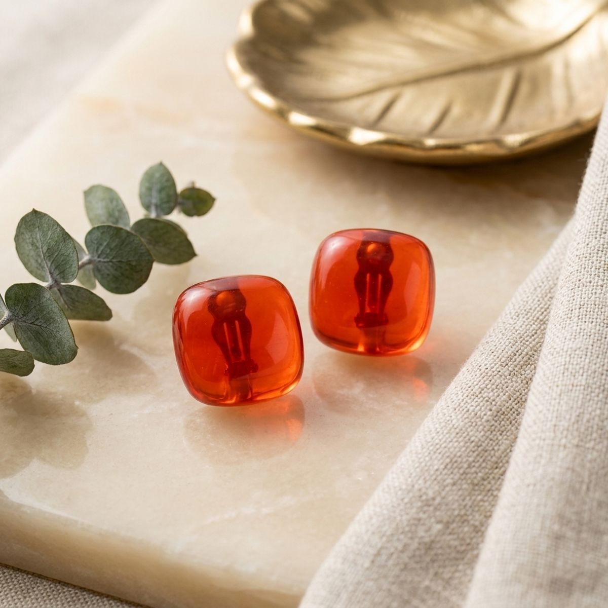 Chunky Red Translucent Square Stud Earrings