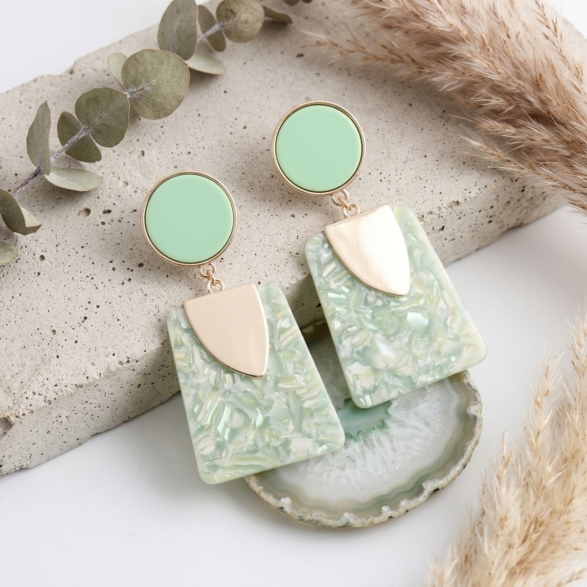 Drop Marbled Green Trendy Trapezoid Earrings