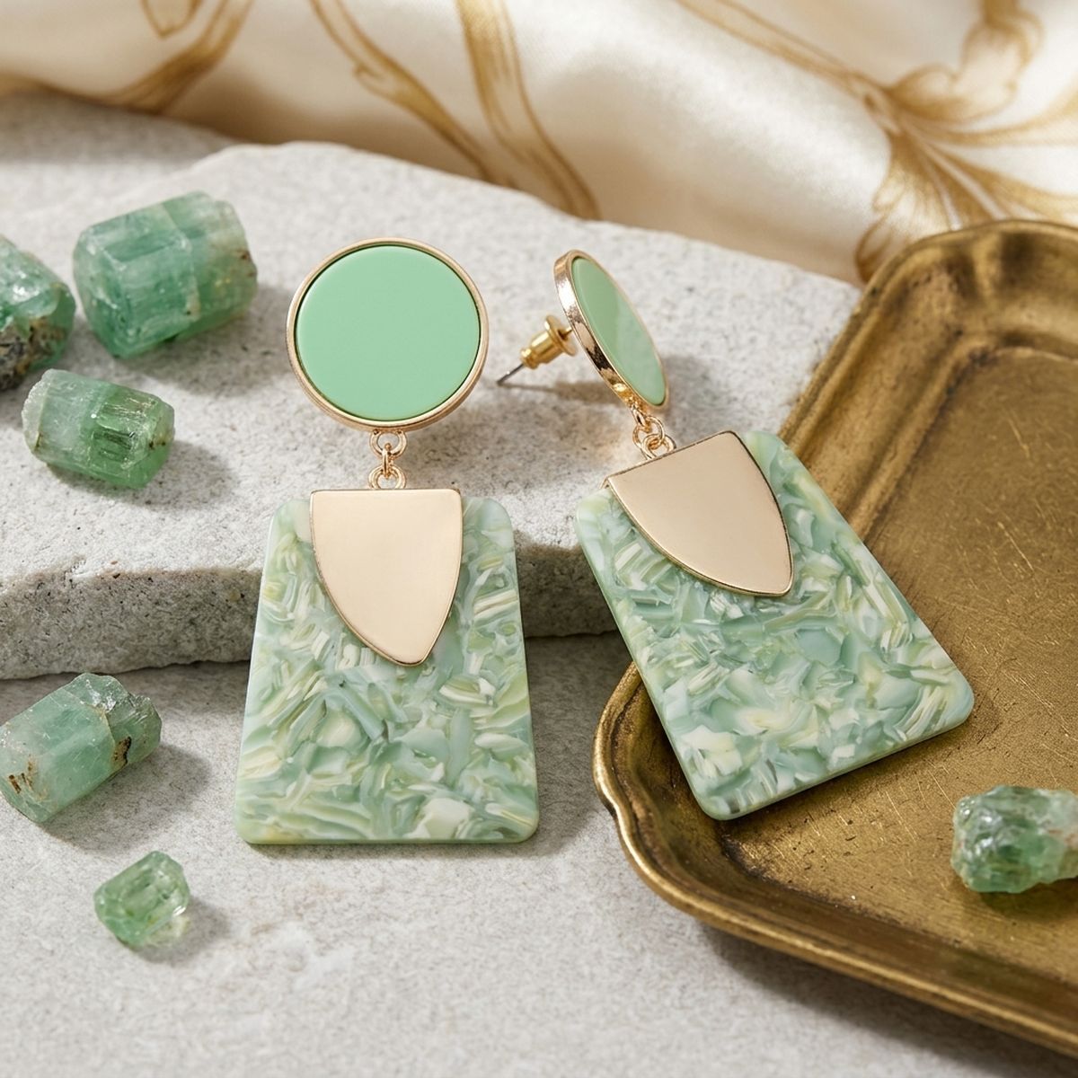 Drop Marbled Green Trendy Trapezoid Earrings