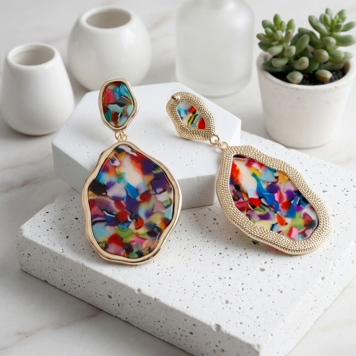 Colorful Confetti Organic Teardrop Gold Earrings