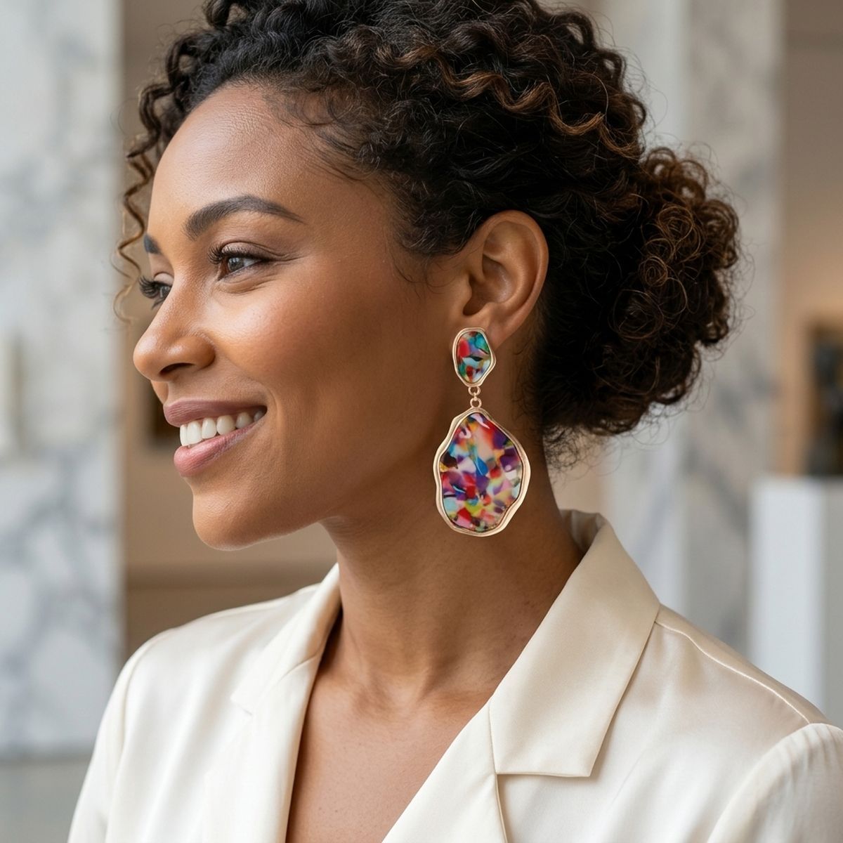Colorful Confetti Organic Teardrop Gold Earrings