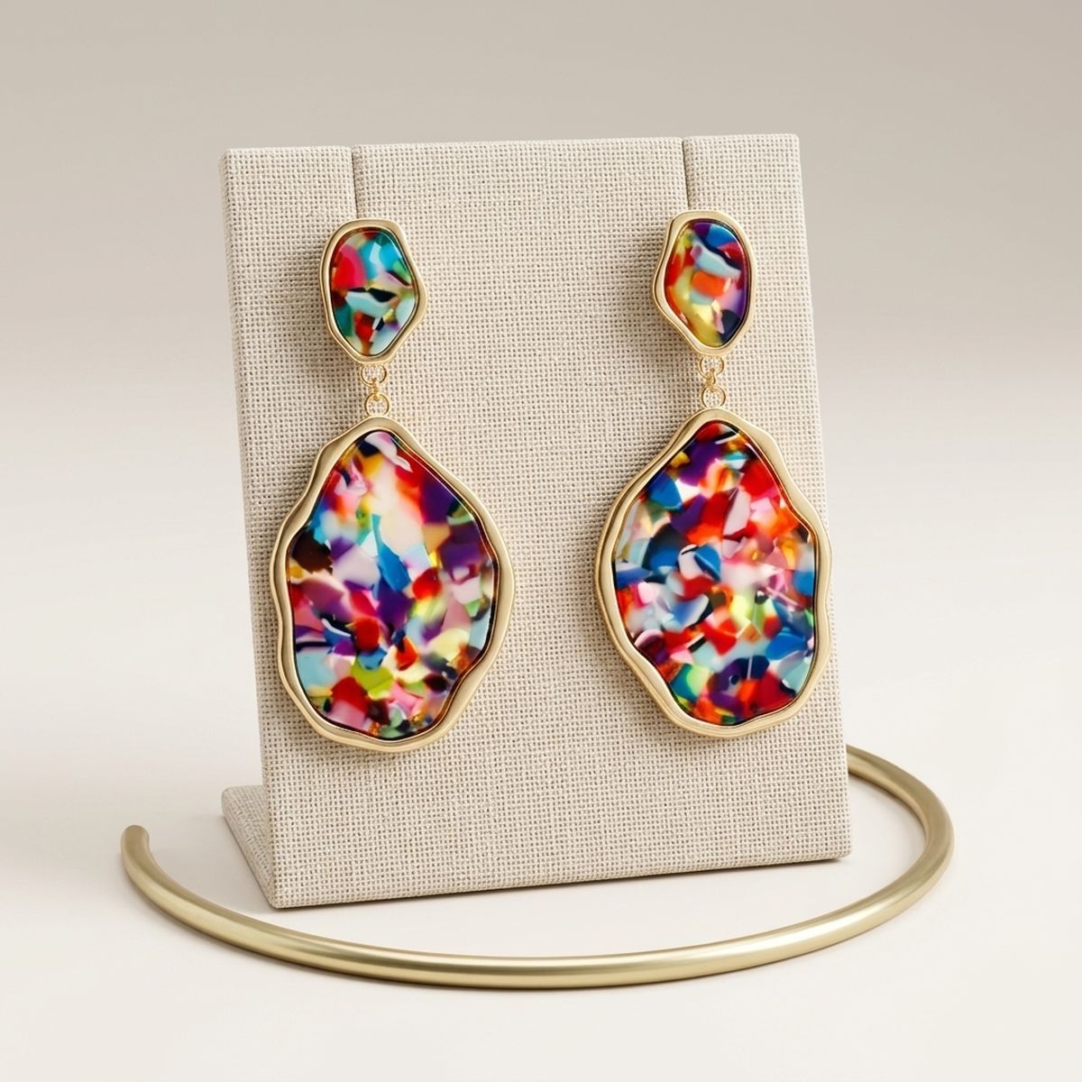 Colorful Confetti Organic Teardrop Gold Earrings