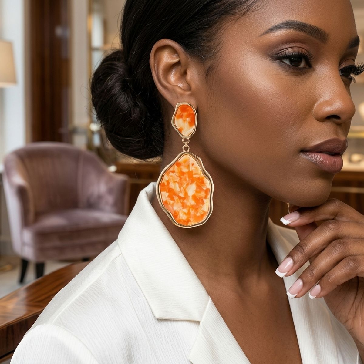 Orange Pearlescent Organic Teardrop Gold Earrings