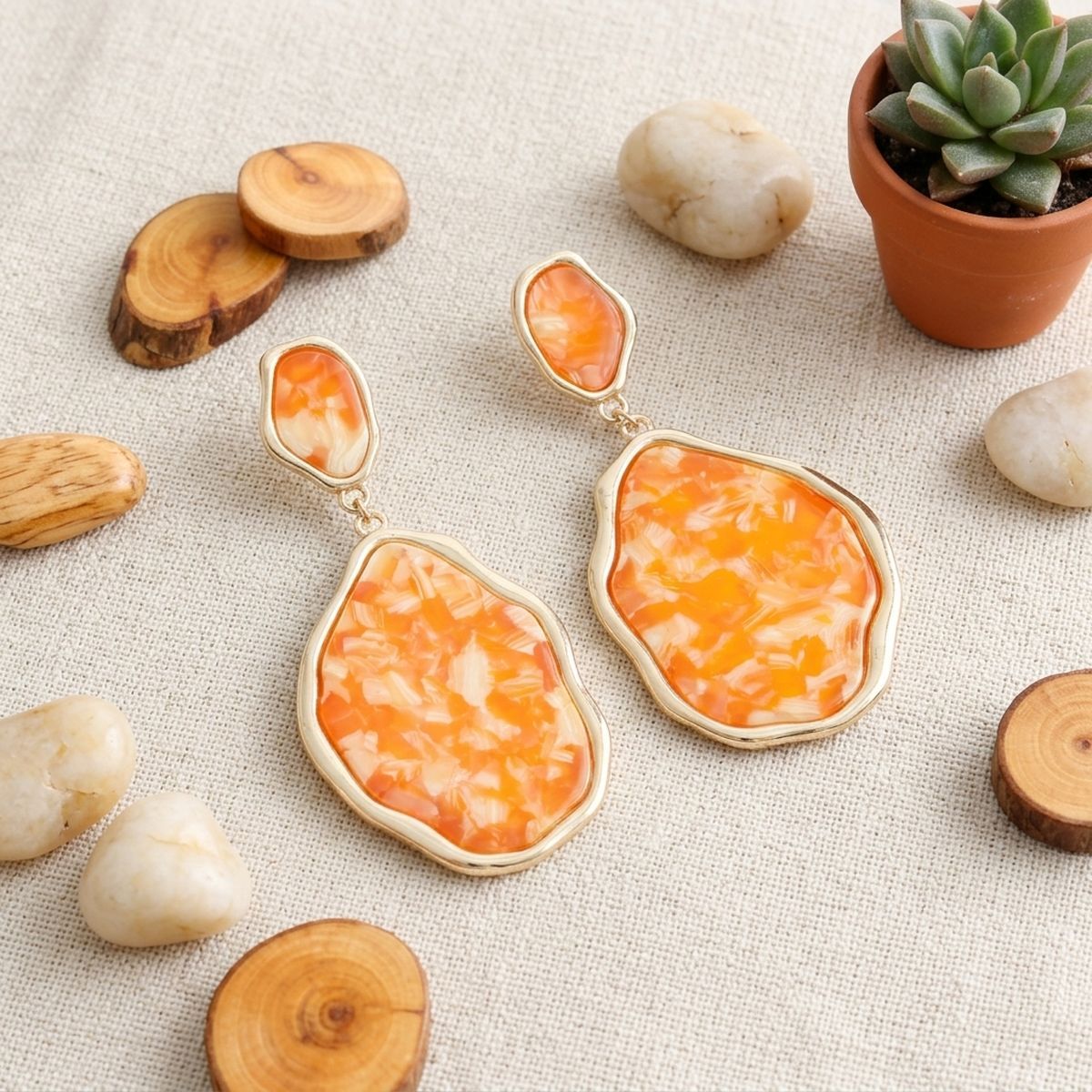 Orange Pearlescent Organic Teardrop Gold Earrings