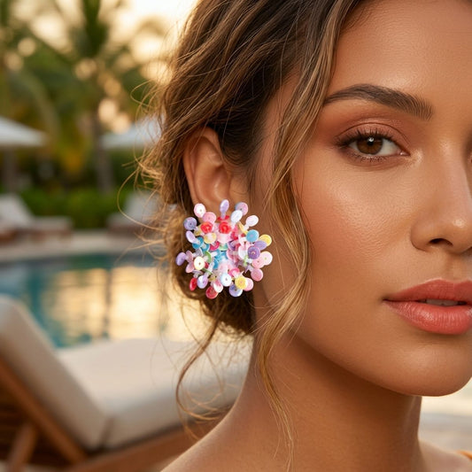 Multicolor Sequins and Beads Cluster Stud Earrings
