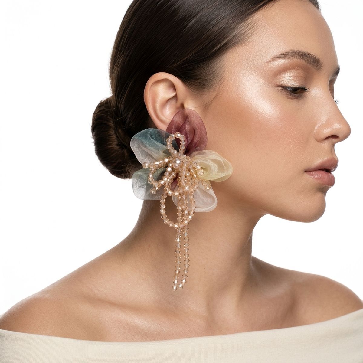 Organza Earthy Flower & Bead Tassel Drop Earrings