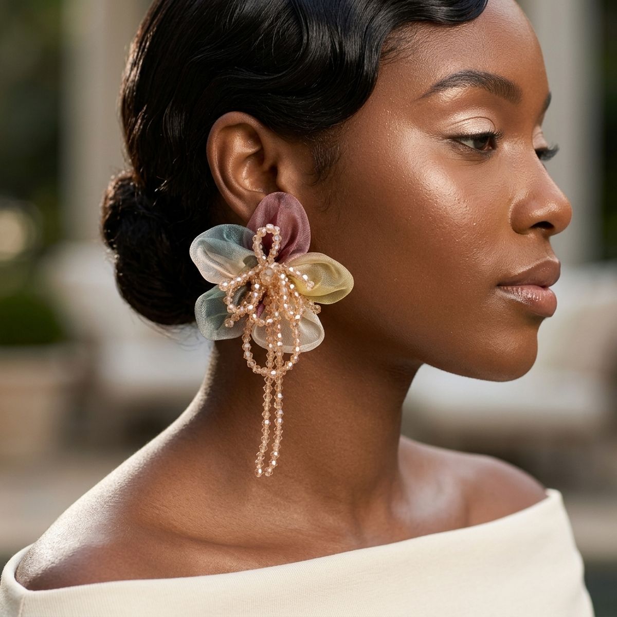 Organza Earthy Flower & Bead Tassel Drop Earrings