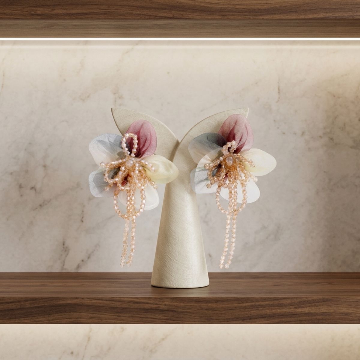 Organza Earthy Flower & Bead Tassel Drop Earrings