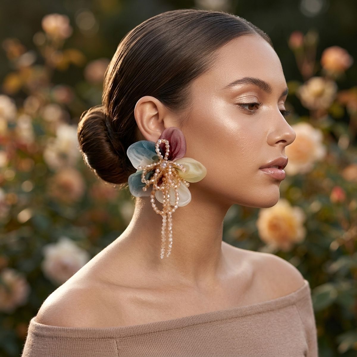 Organza Earthy Flower & Bead Tassel Drop Earrings
