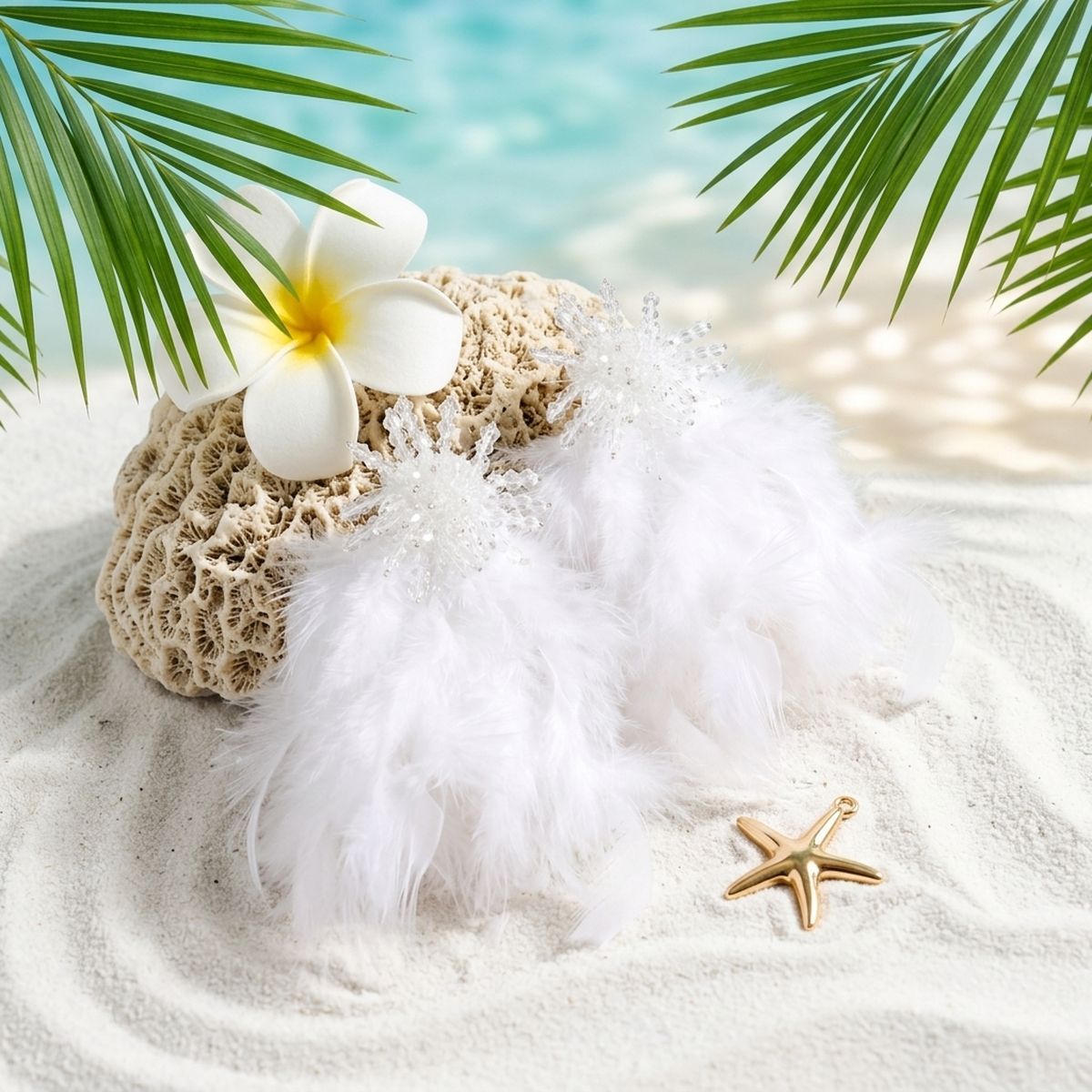 Clear Bead Cluster Long White Feather Drop Earrings