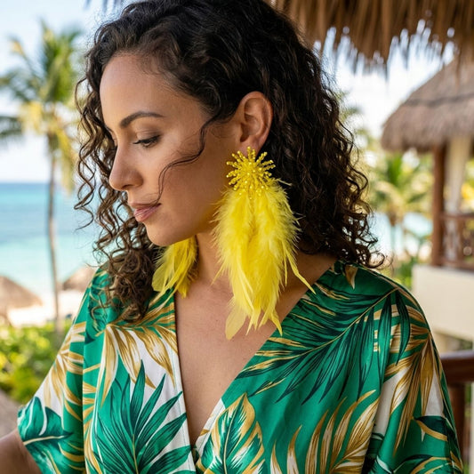 Yellow Beaded Cluster Long Feather Drop Earrings