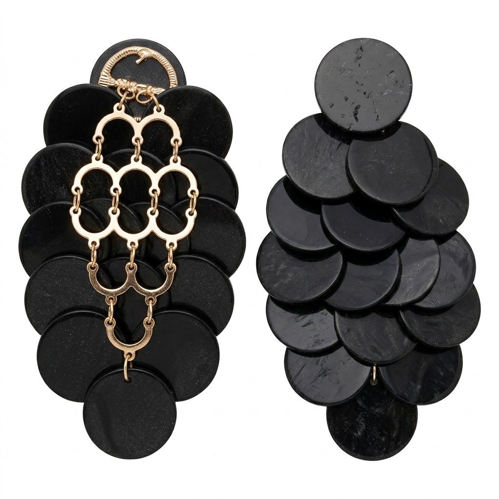 Black Cascading Disc Chandelier Drop Earrings
