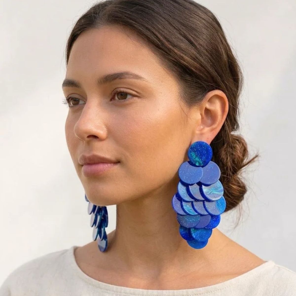 Blue Cascading Disc Chandelier Drop Earrings