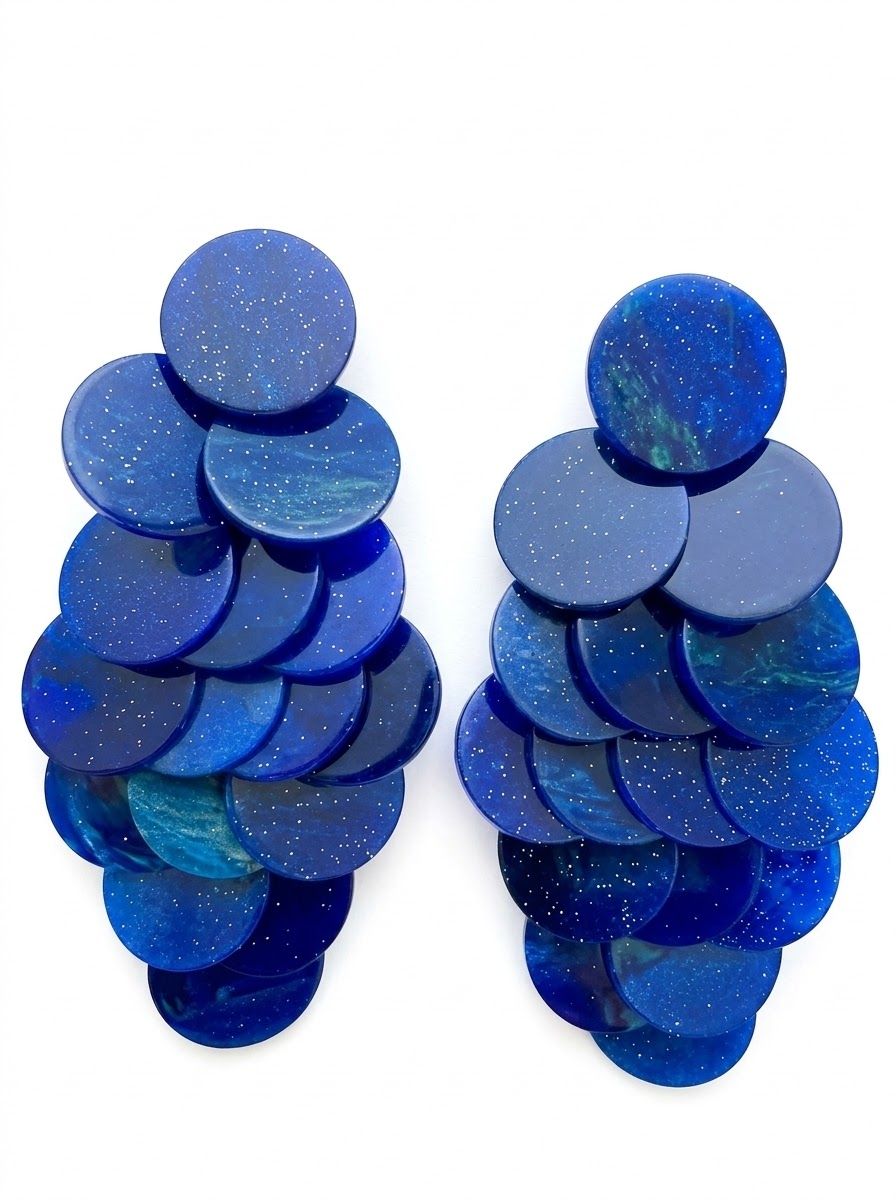 Blue Cascading Disc Chandelier Drop Earrings