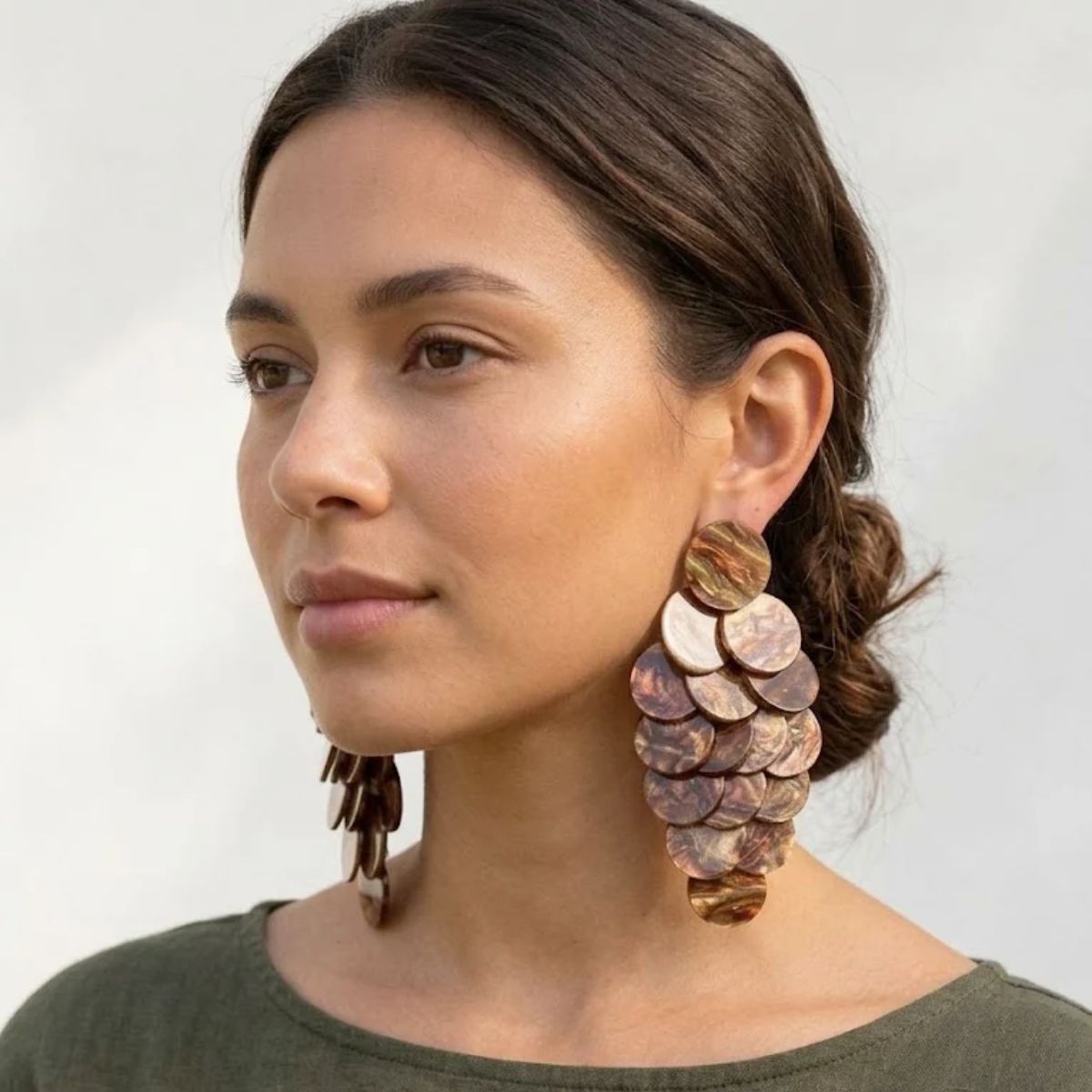 Brown Cascading Disc Chandelier Drop Earrings