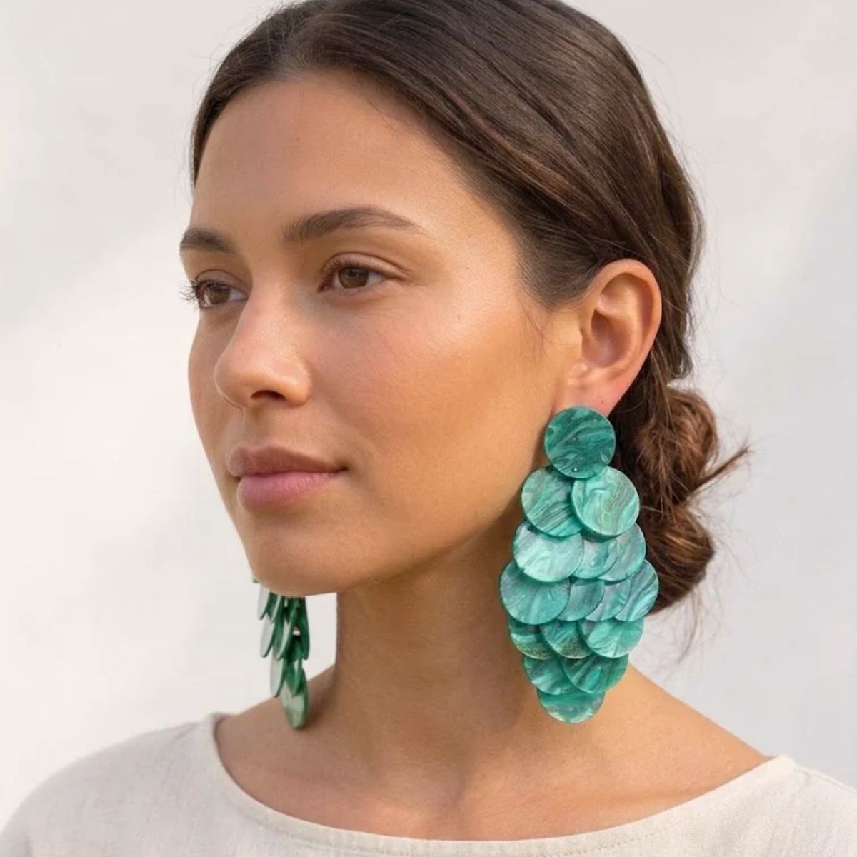 Green Cascading Disc Chandelier Drop Earrings