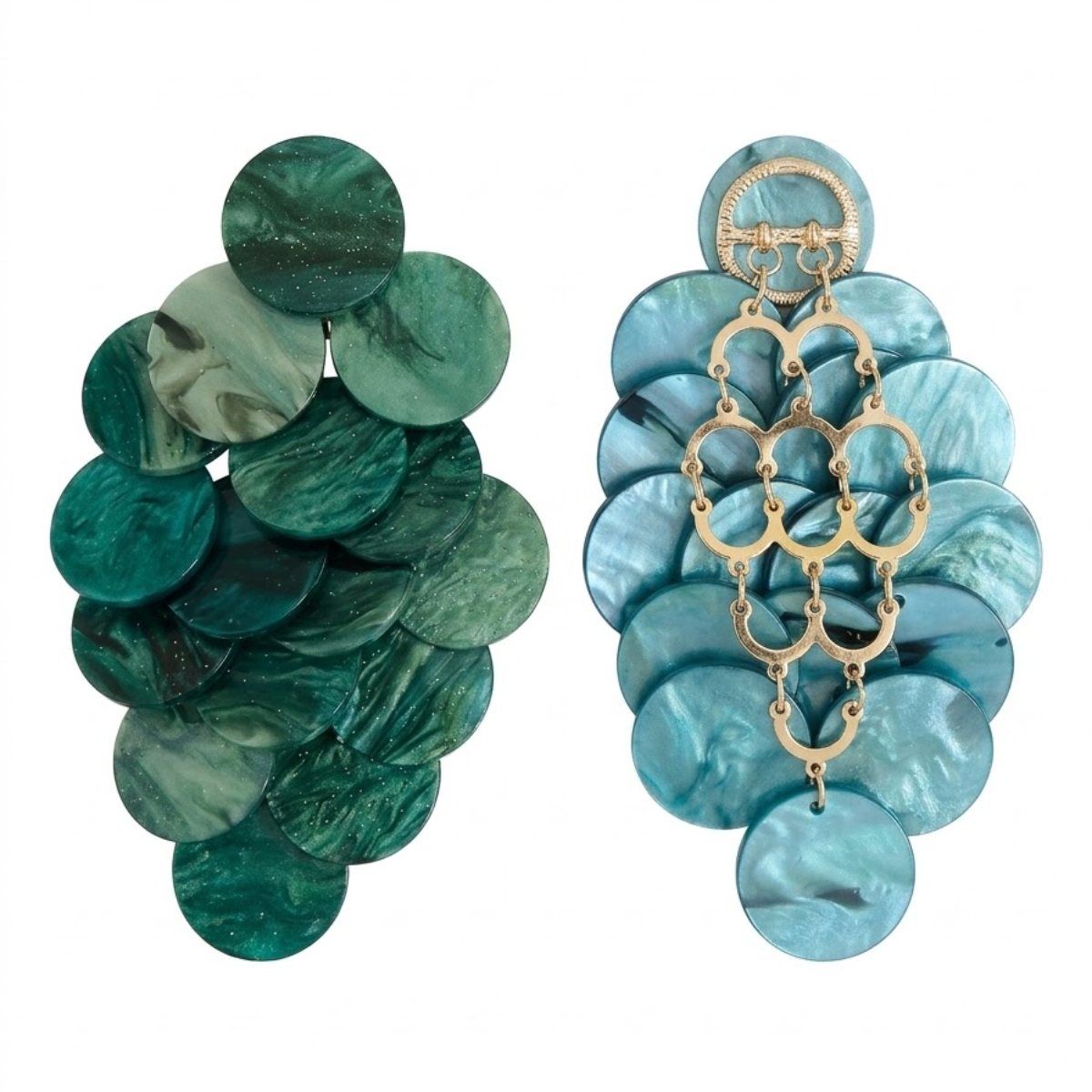 Green Cascading Disc Chandelier Drop Earrings