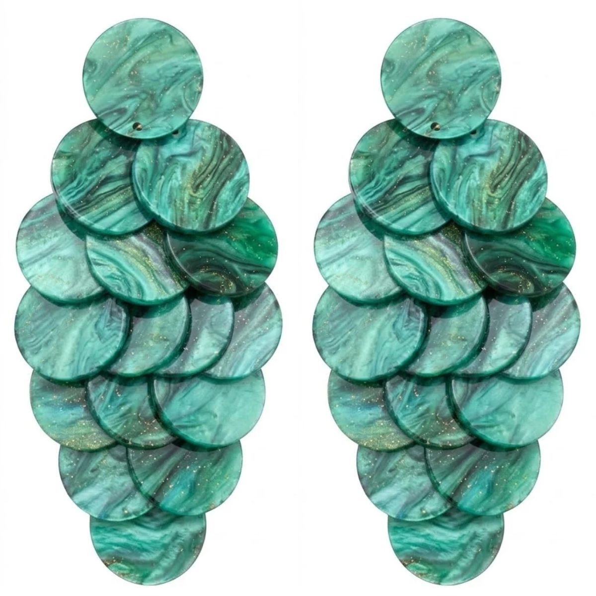 Green Cascading Disc Chandelier Drop Earrings