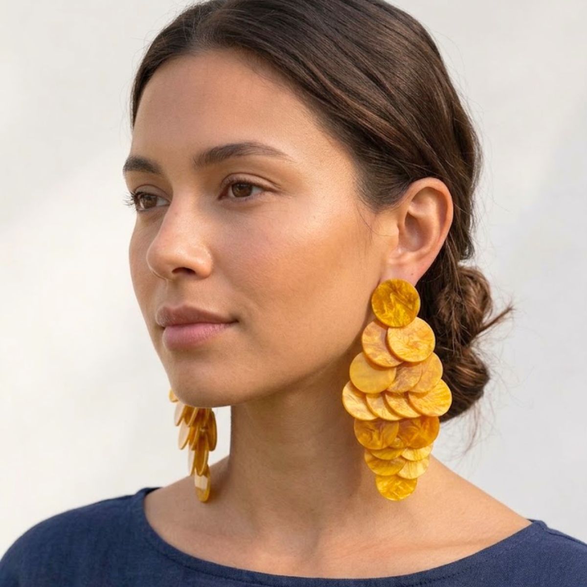 Mustard Cascading Disc Chandelier Drop Earrings