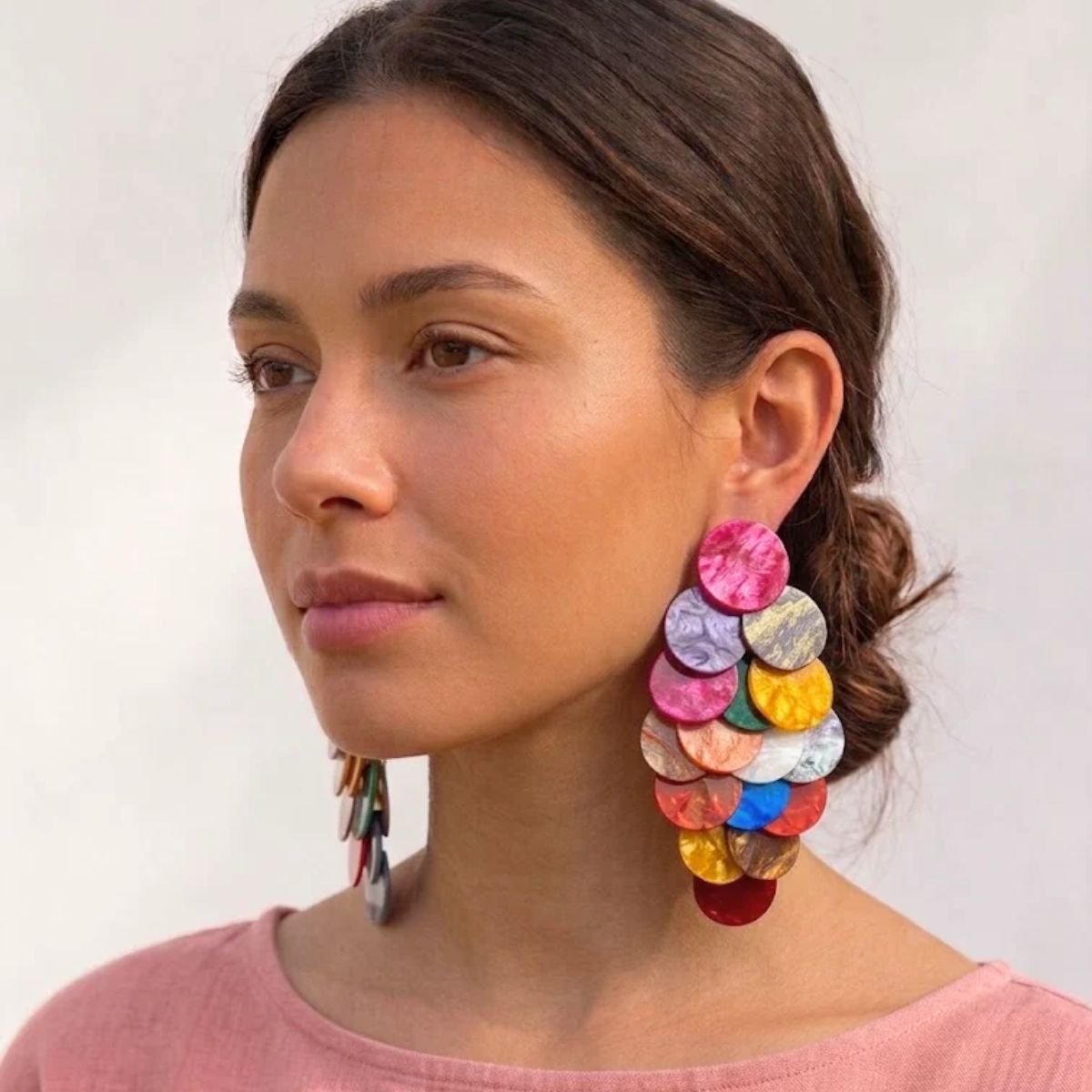 Rainbow Cascading Disc Chandelier Drop Earrings