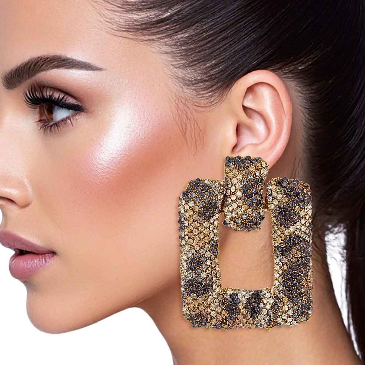 Stud Leopard Pave Rhinestone Door Knocker Earrings