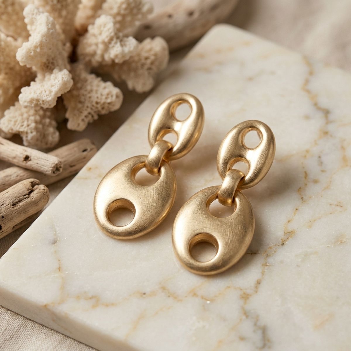 Dangle Matte Gold Puffy Anchor Link Earrings