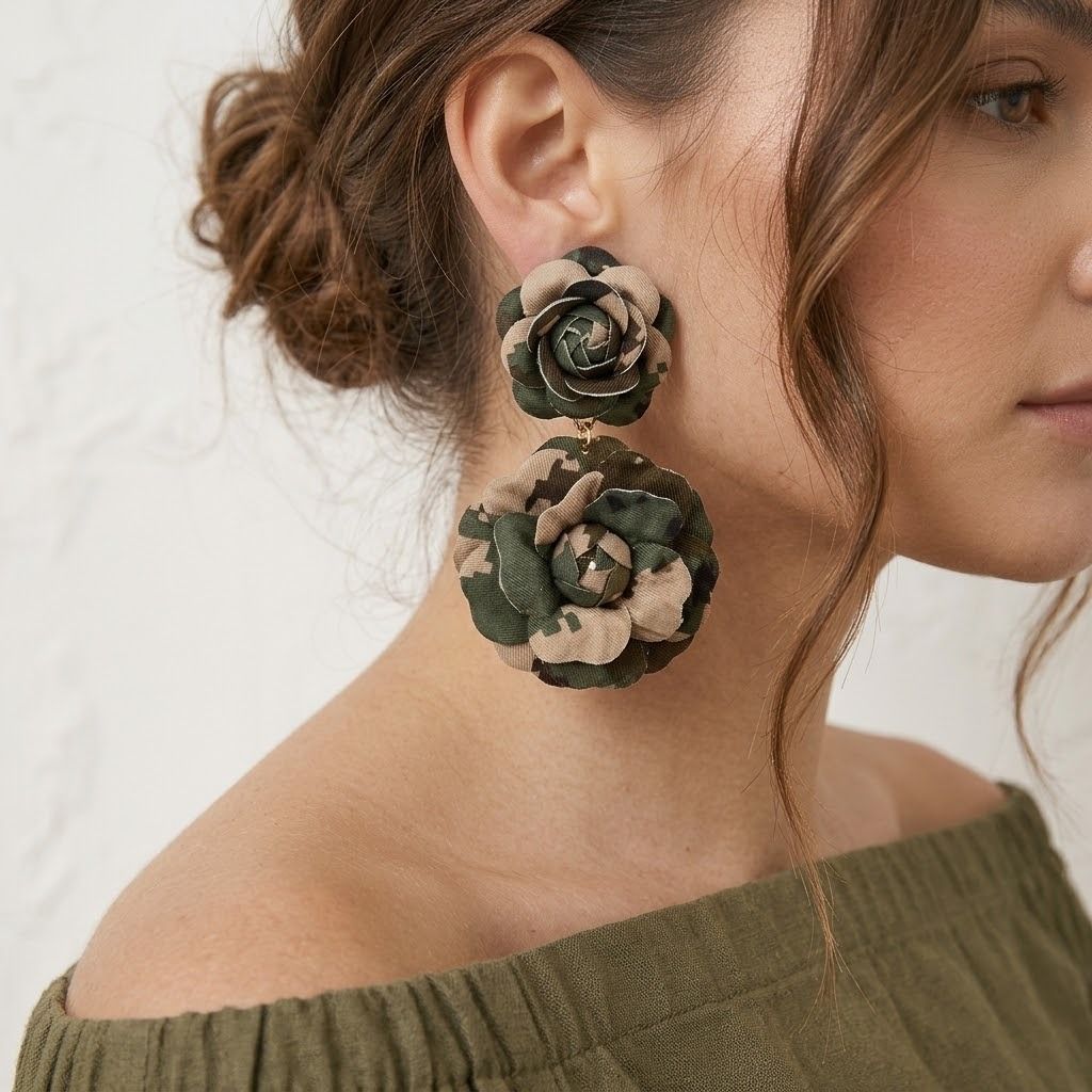 Drop Camouflage Dimensional Double Flower Earrings