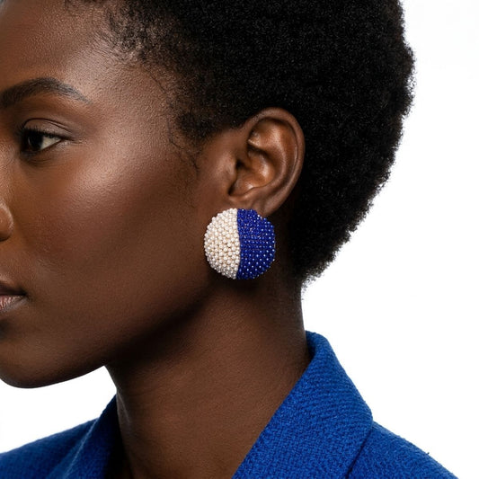 ZPB Blue and White Dome Pearl Stone Stud Earrings