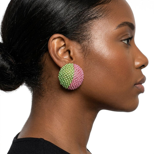 AKA Pink Green Dome Pearl Stone Stud Earrings