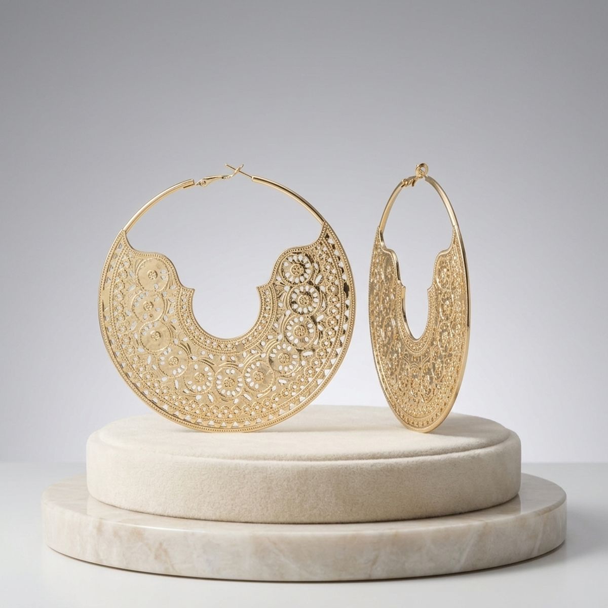 Hoop Gold Oversized Filigree Pattern Earrings