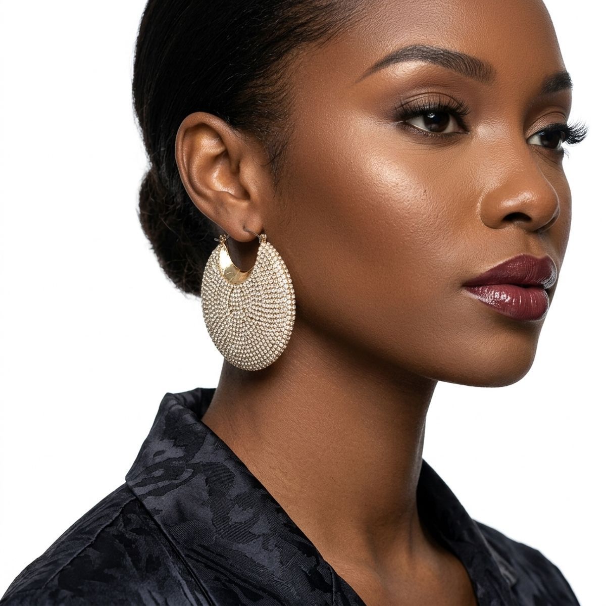 Hoop Rhinestone Covered Crescent Puffy Earrings