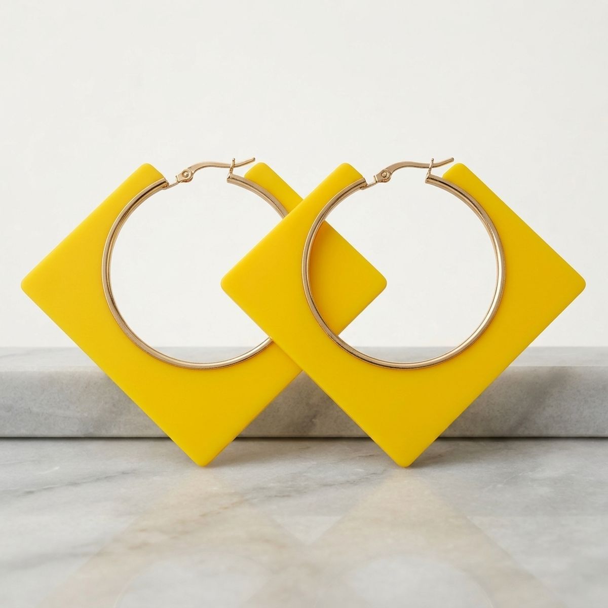 Hoop Bright Yellow Square Acrylic Gold Earrings