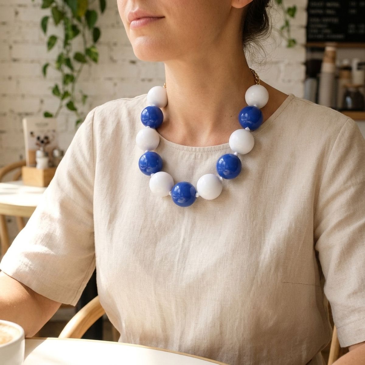 Mod Style Two Tone Blue White Chunky Bead Necklace