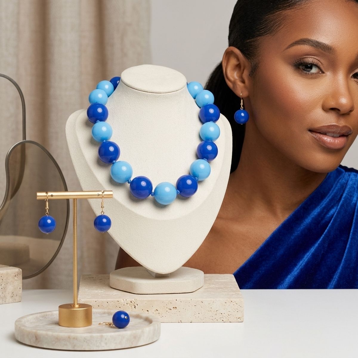 Mod Style Two Tone Blue Chunky Bead Necklace