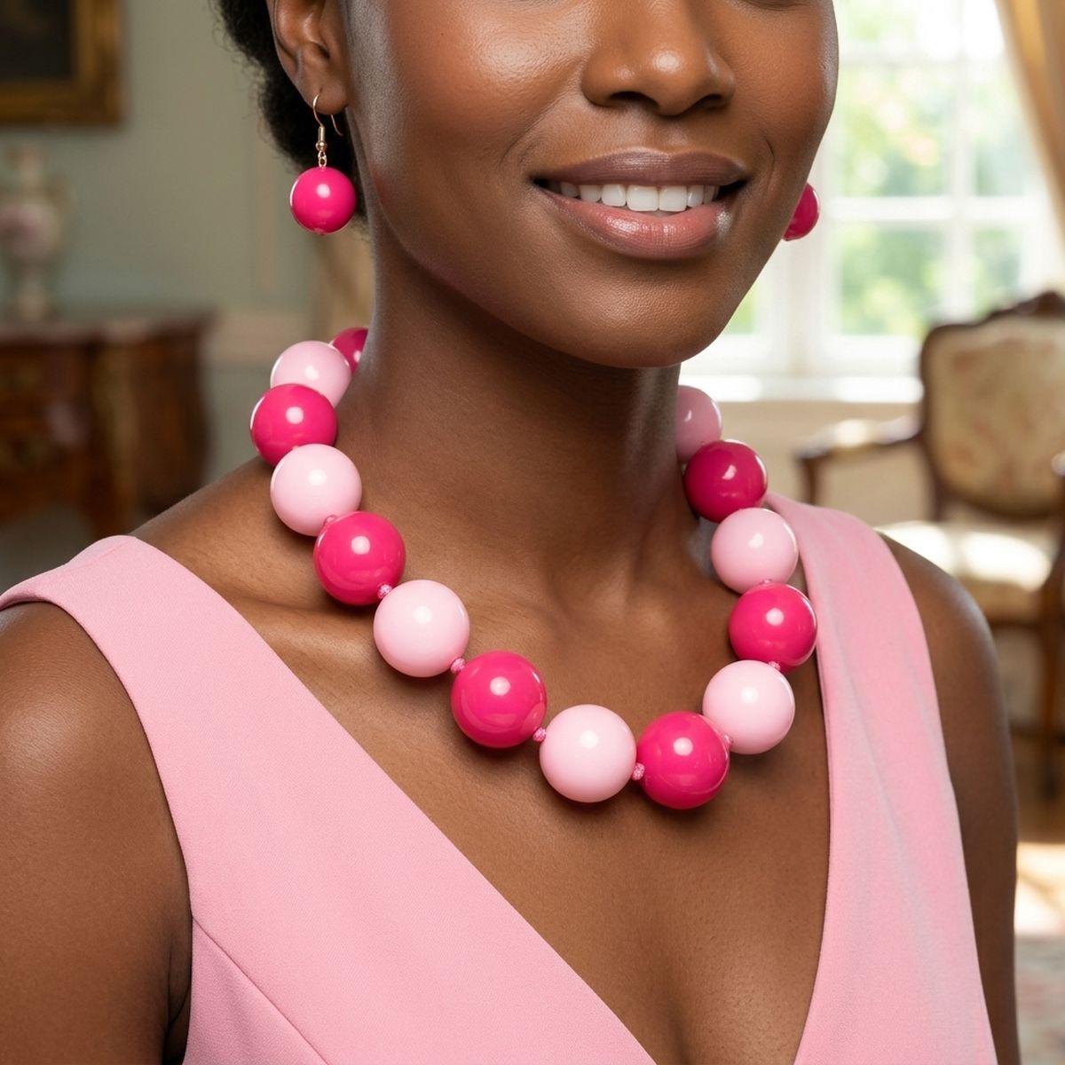 Mod Style Two Tone Pink Chunky Bead Necklace