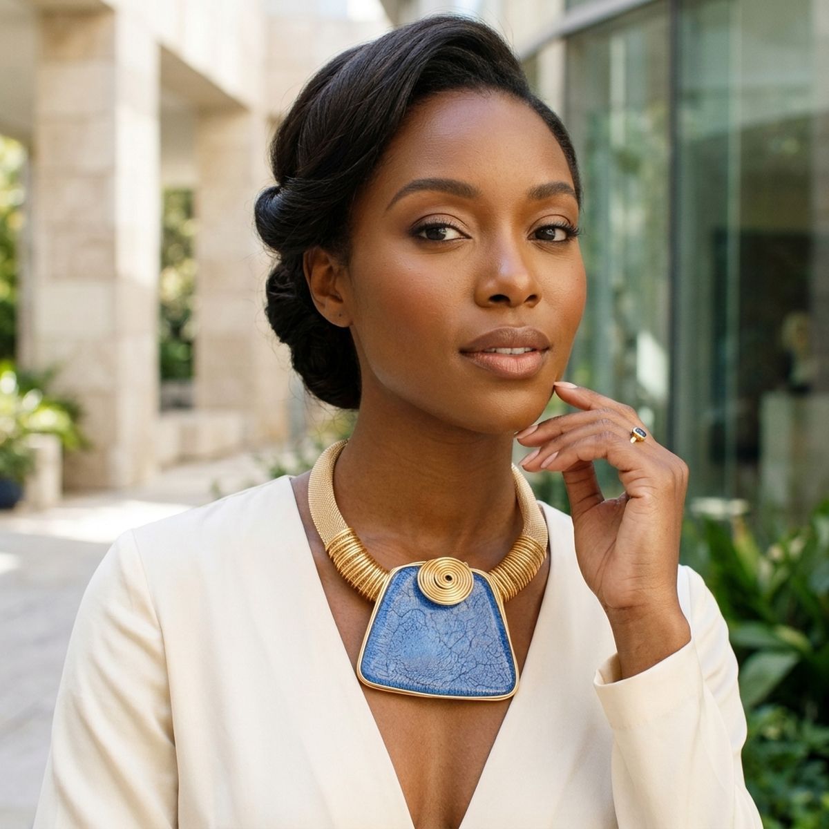 Large Blue Resin Pendant Gold Mesh Collar Necklace