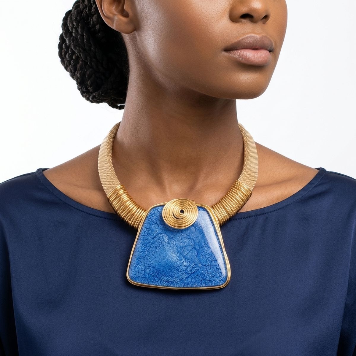 Large Blue Resin Pendant Gold Mesh Collar Necklace