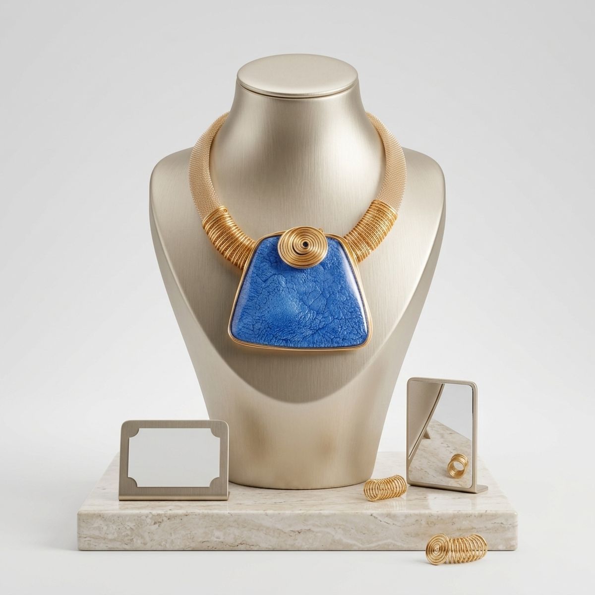 Large Blue Resin Pendant Gold Mesh Collar Necklace