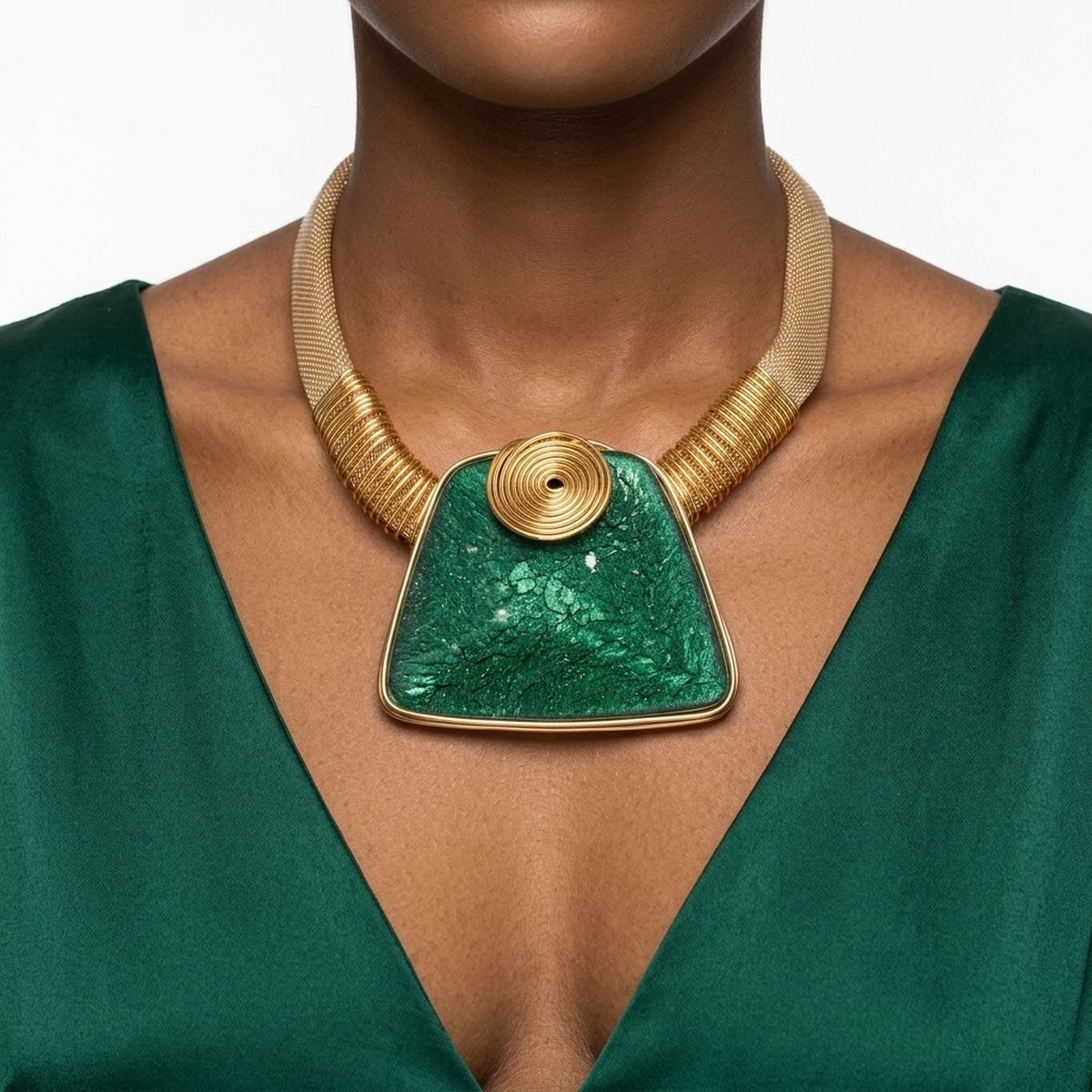 Large Green Resin Pendant Gold Collar Necklace