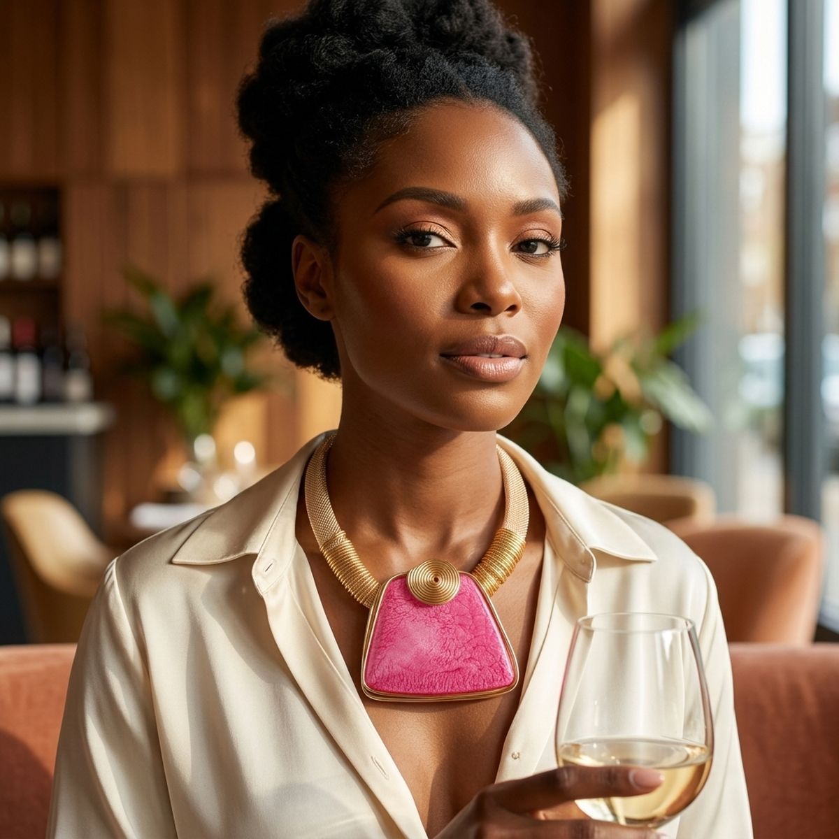 Large Pink Resin Pendant Gold Mesh Collar Necklace