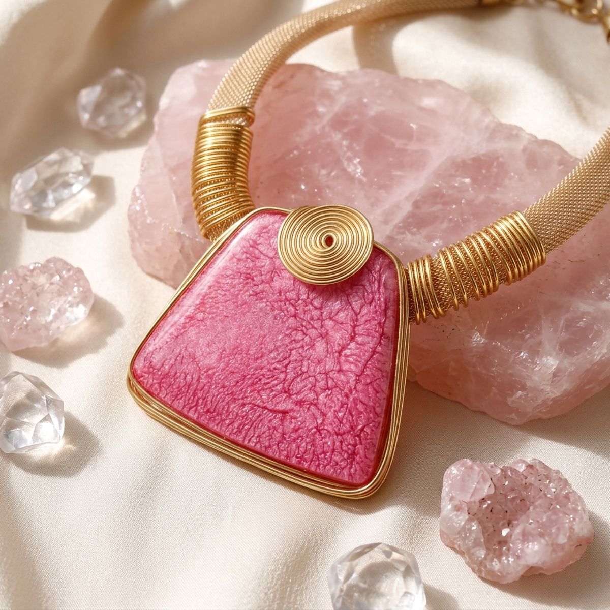 Large Pink Resin Pendant Gold Mesh Collar Necklace