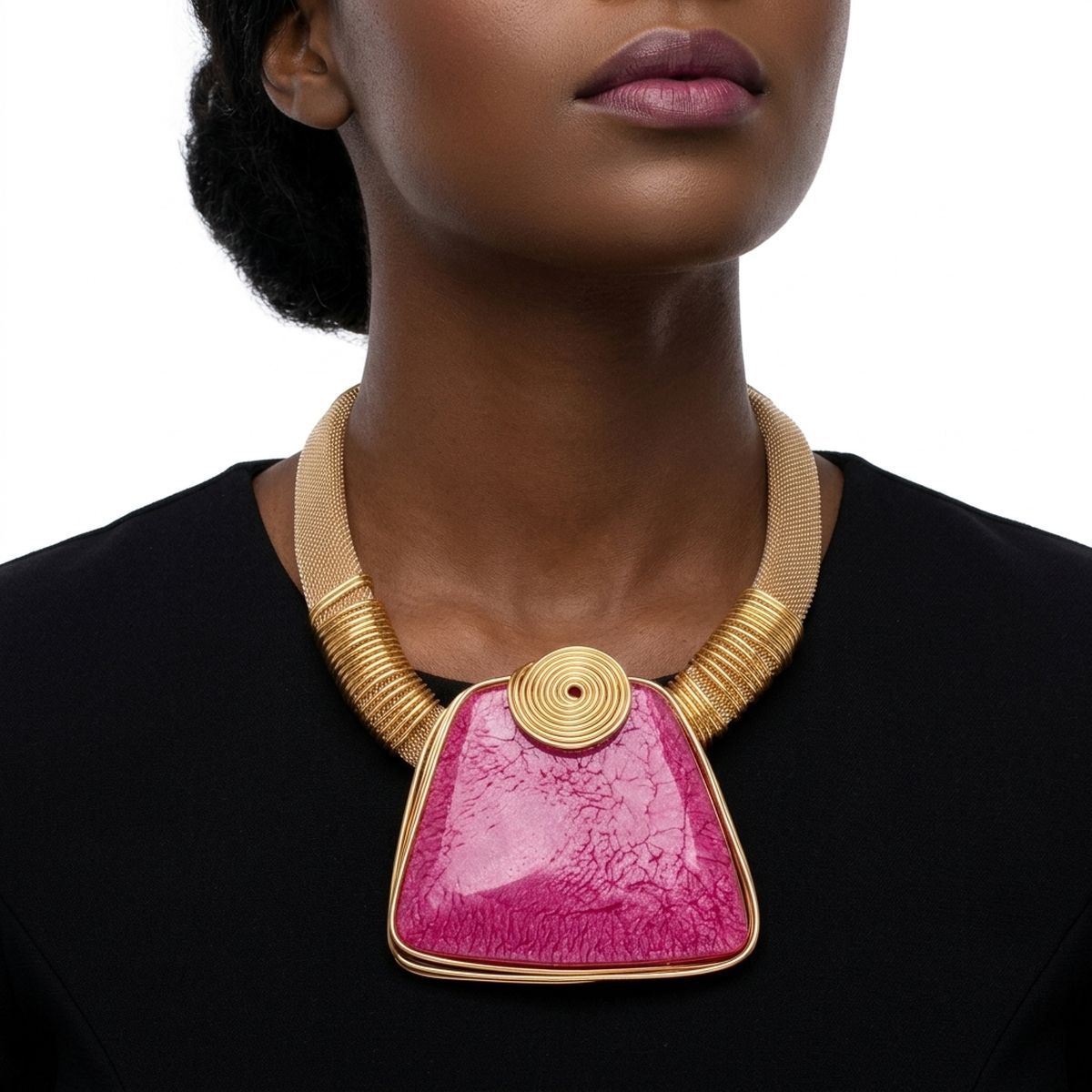 Large Pink Resin Pendant Gold Mesh Collar Necklace
