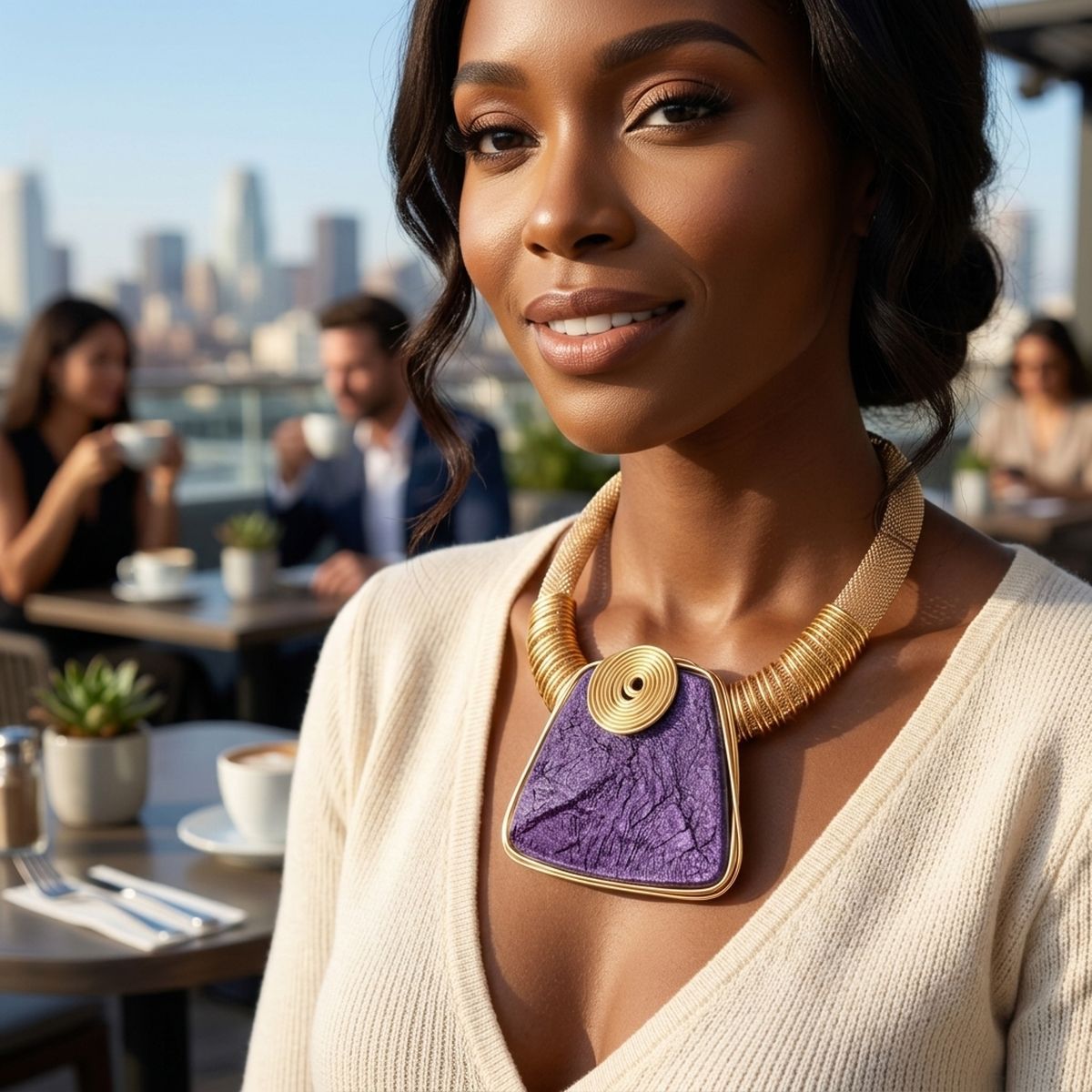 Large Purple Resin Pendant Gold Collar Necklace