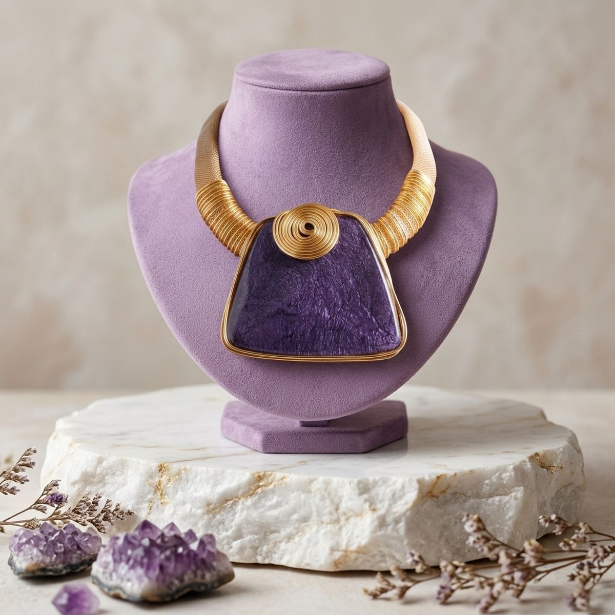 Large Purple Resin Pendant Gold Collar Necklace