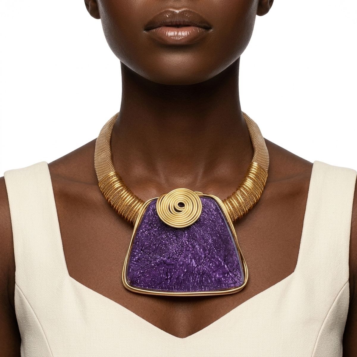 Large Purple Resin Pendant Gold Collar Necklace