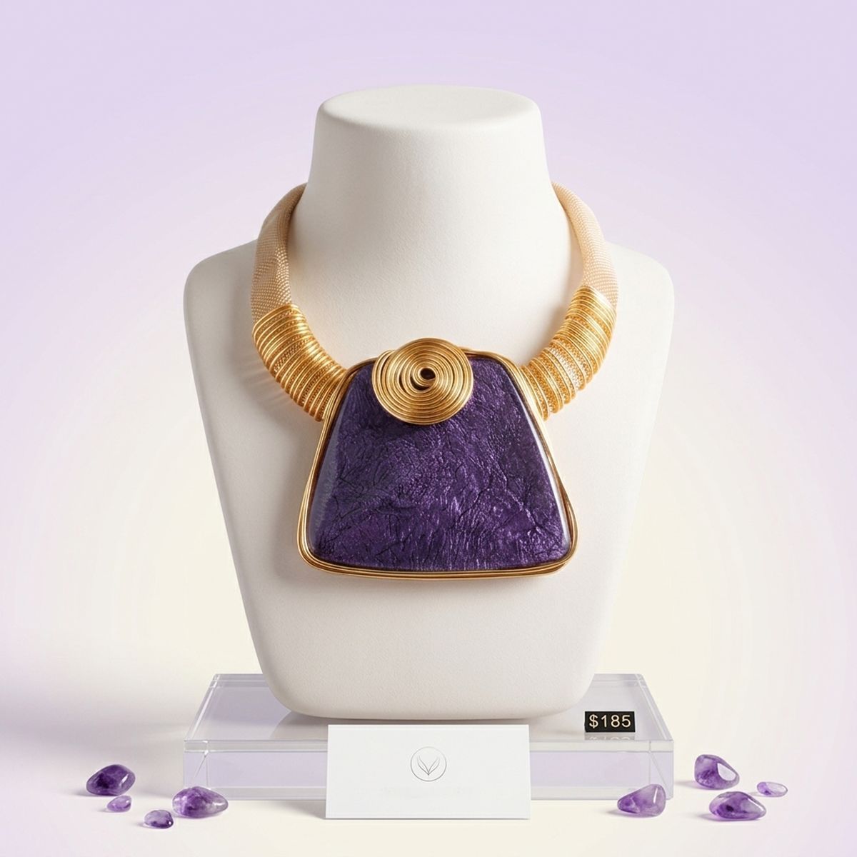 Large Purple Resin Pendant Gold Collar Necklace